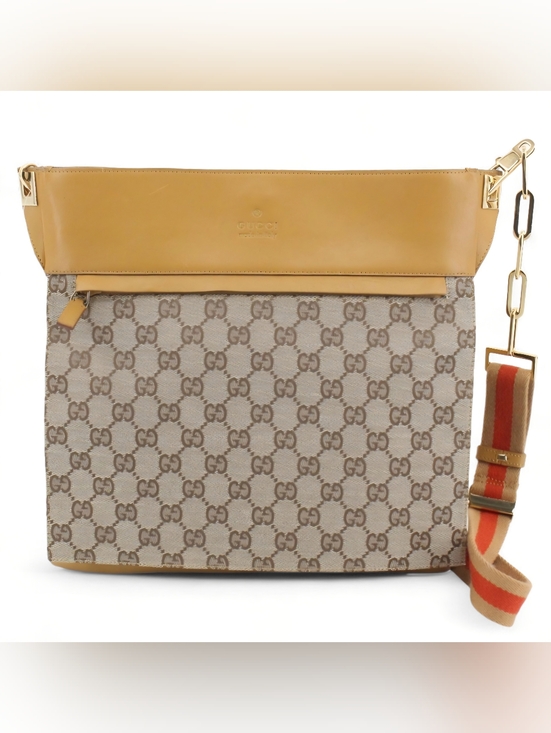 Gucci Handbags - Gucci GG Web Crossbody Bag Monogram Canvas with Tan Leather Trim